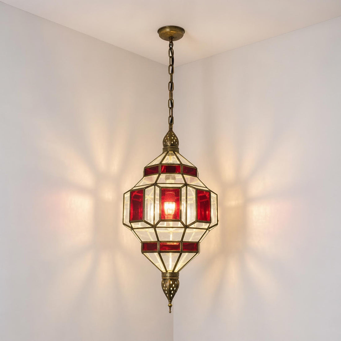 Moroccan Pendant Light Red Glass Hanging Lantern Chain Fixture