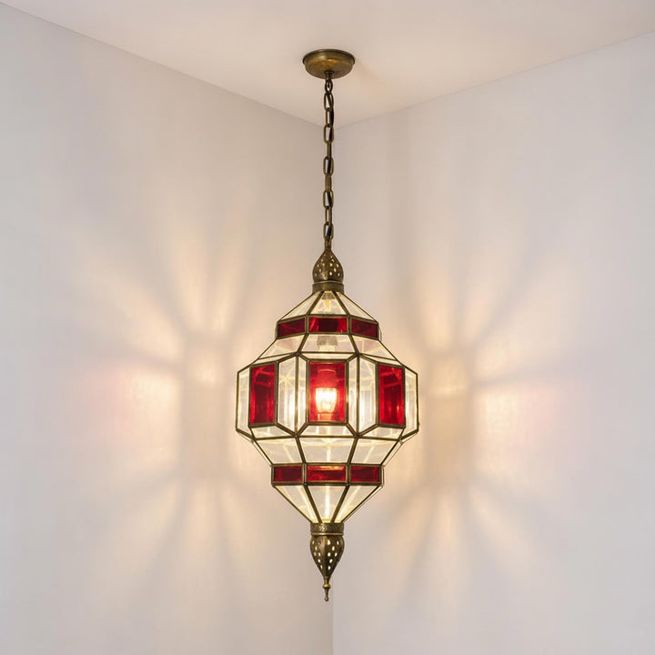 Moroccan Pendant Light Red Glass Hanging Lantern Chain Fixture