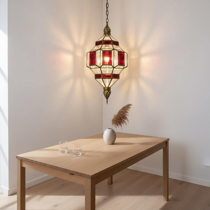 Moroccan Pendant Light Red Glass Hanging Lantern Chain Fixture