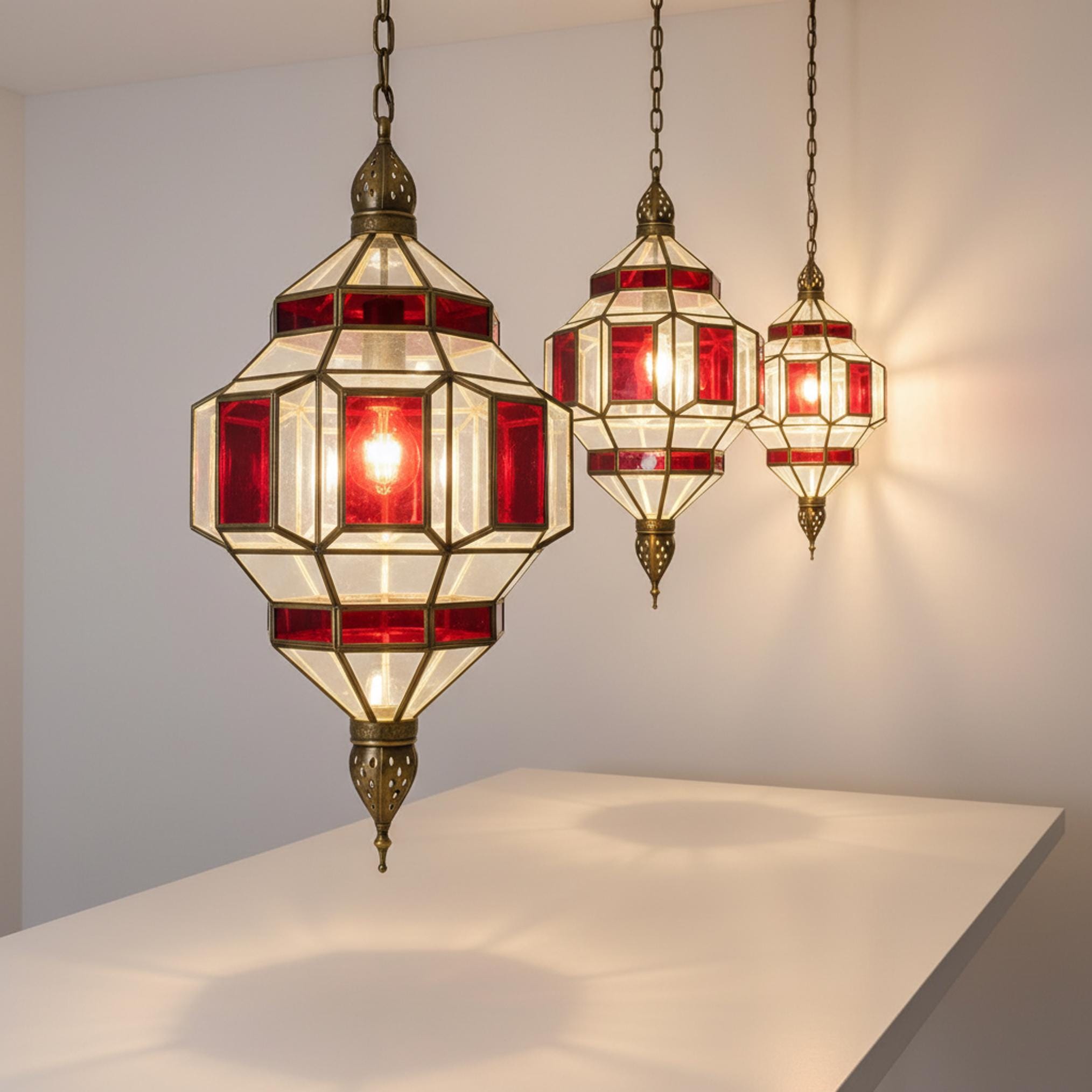 Moroccan Pendant Light Red Glass Hanging Lantern Chain Fixture