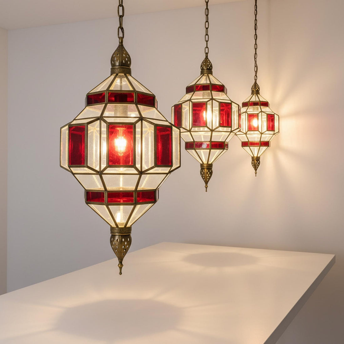 Moroccan Pendant Light Red Glass Hanging Lantern Chain Fixture
