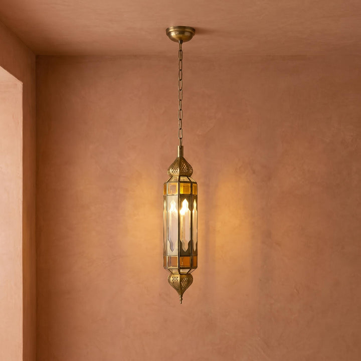 Moroccan Pendant Light Amber Glass Hanging Lantern Chain Fixture