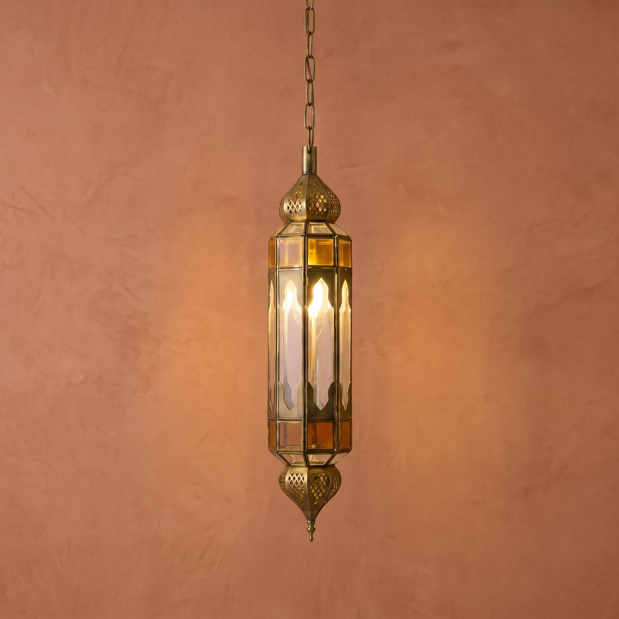 Moroccan Pendant Light Amber Glass Hanging Lantern Chain Fixture