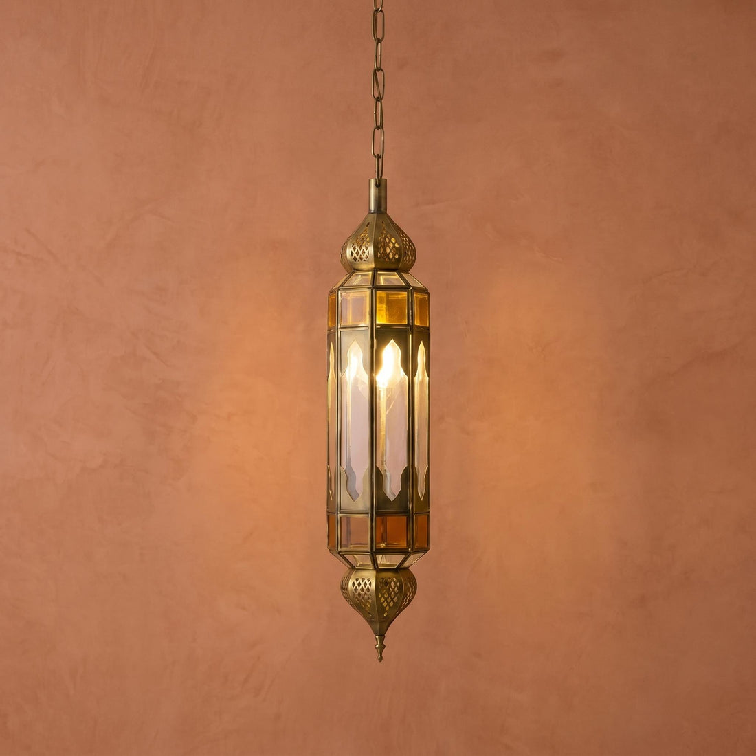 Moroccan Pendant Light Amber Glass Hanging Lantern Chain Fixture