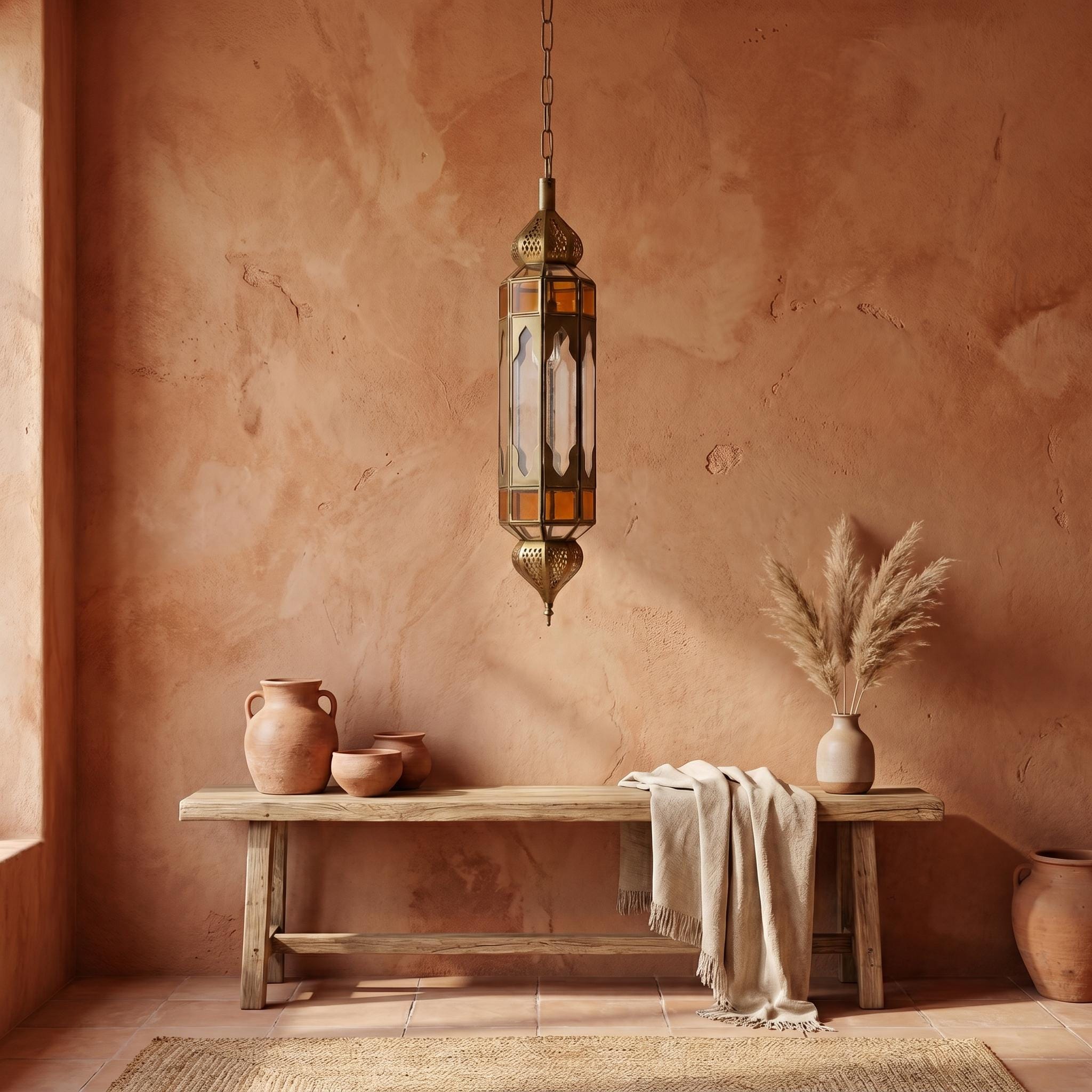 Moroccan Pendant Light Amber Glass Hanging Lantern Chain Fixture
