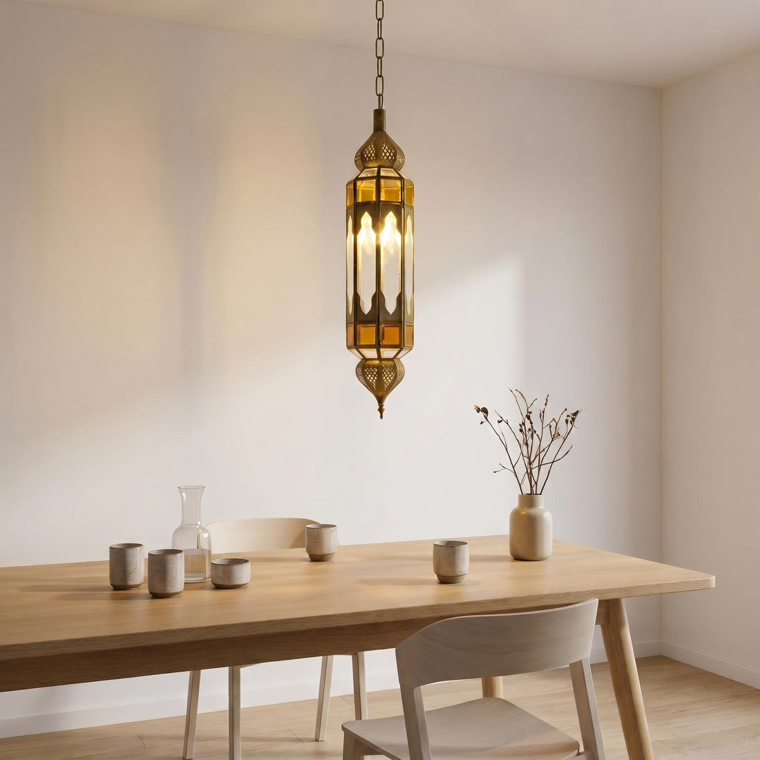 Moroccan Pendant Light Amber Glass Hanging Lantern Chain Fixture