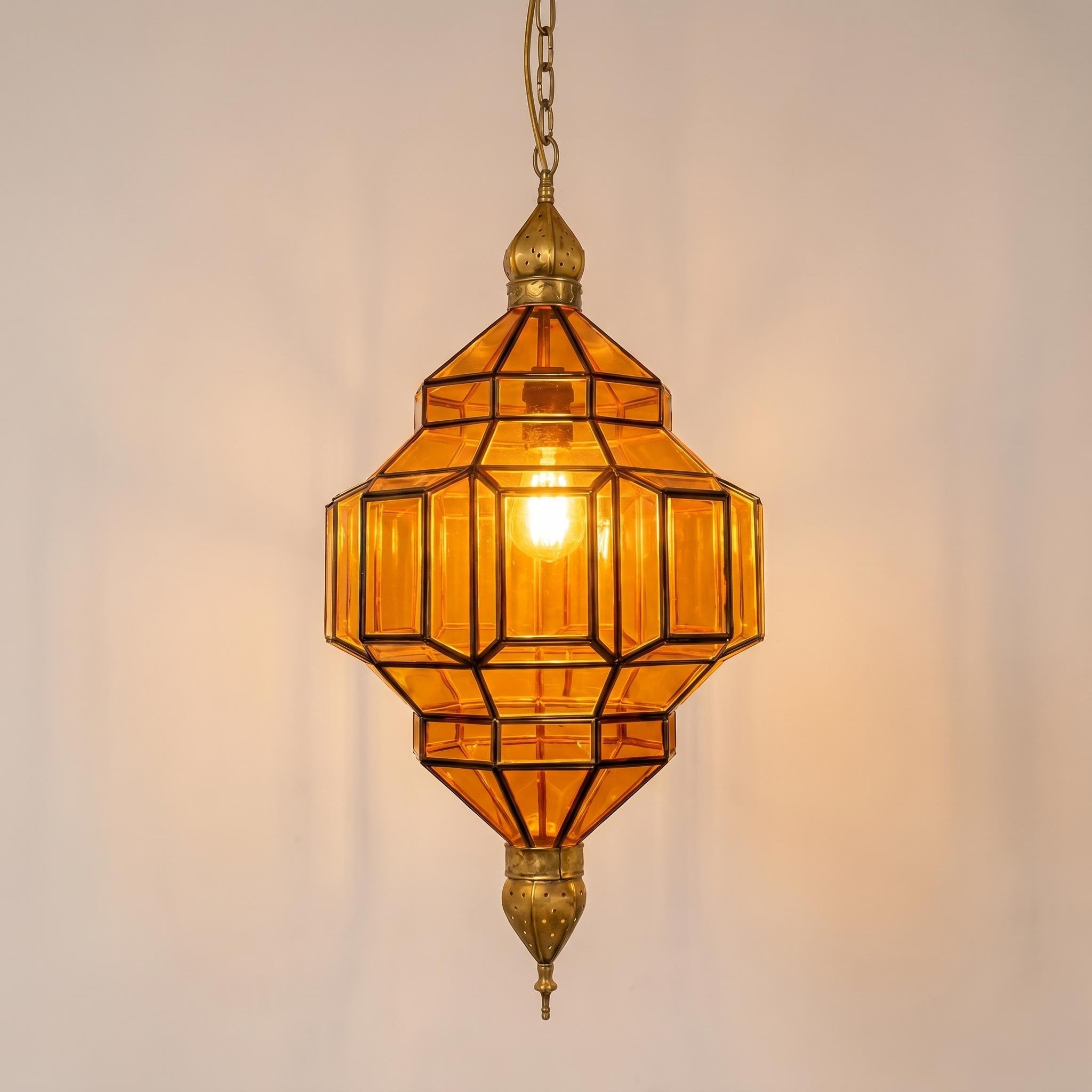 Moroccan Pendant Light Amber Glass Geometric Hanging Lantern Metal Frame