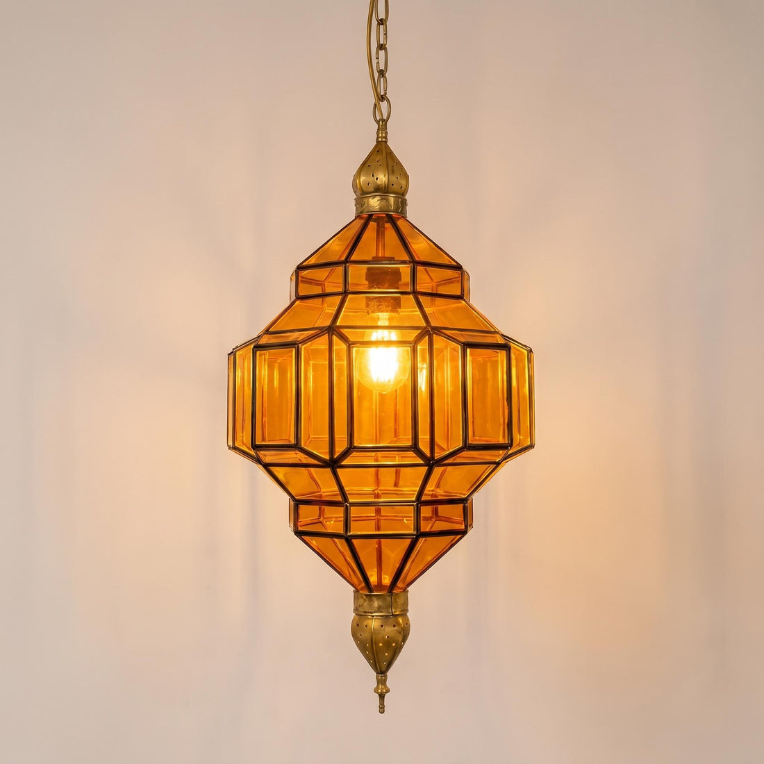 Moroccan Pendant Light Amber Glass Geometric Hanging Lantern Metal Frame
