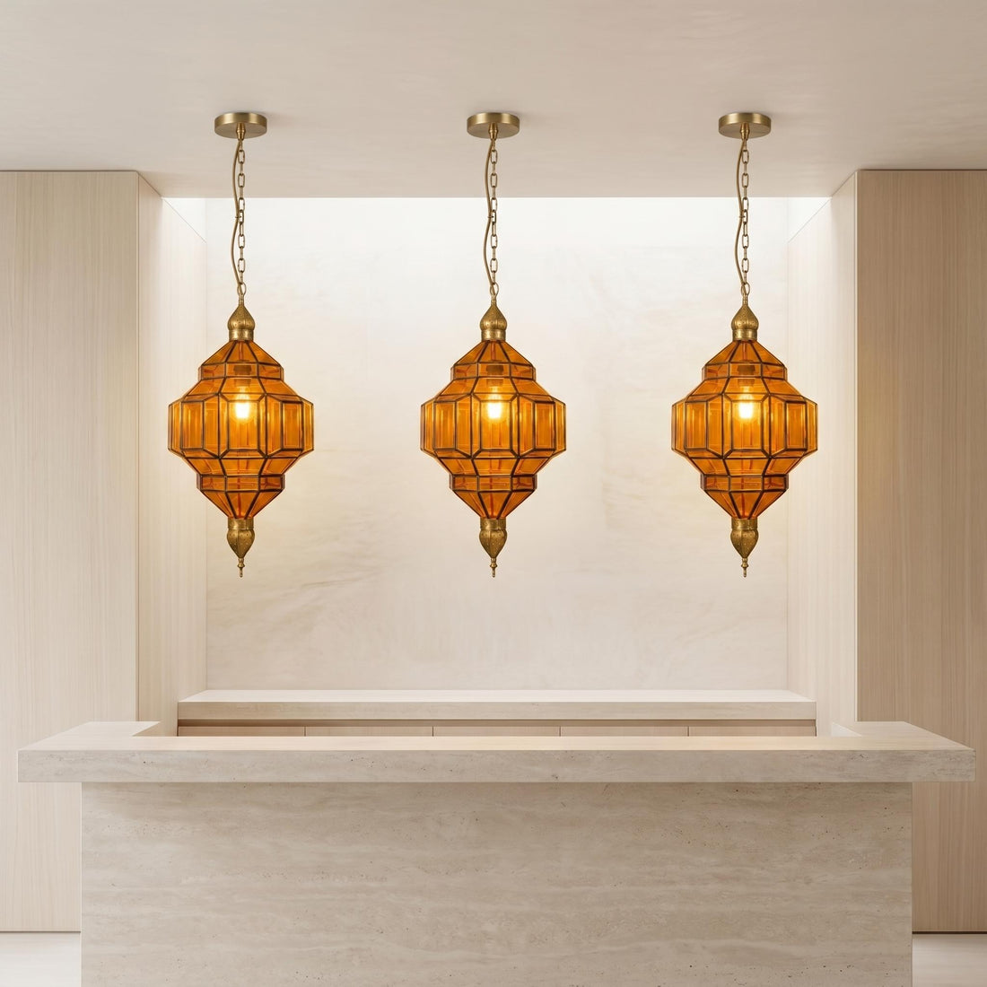Moroccan Pendant Light Amber Glass Geometric Hanging Lantern Metal Frame