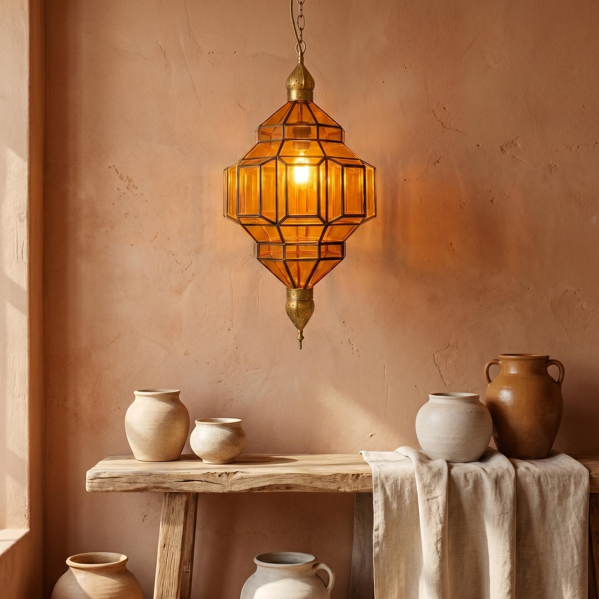Moroccan Pendant Light Amber Glass Geometric Hanging Lantern Metal Frame