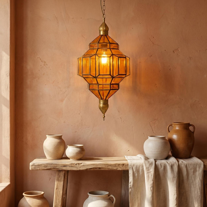 Moroccan Pendant Light Amber Glass Geometric Hanging Lantern Metal Frame