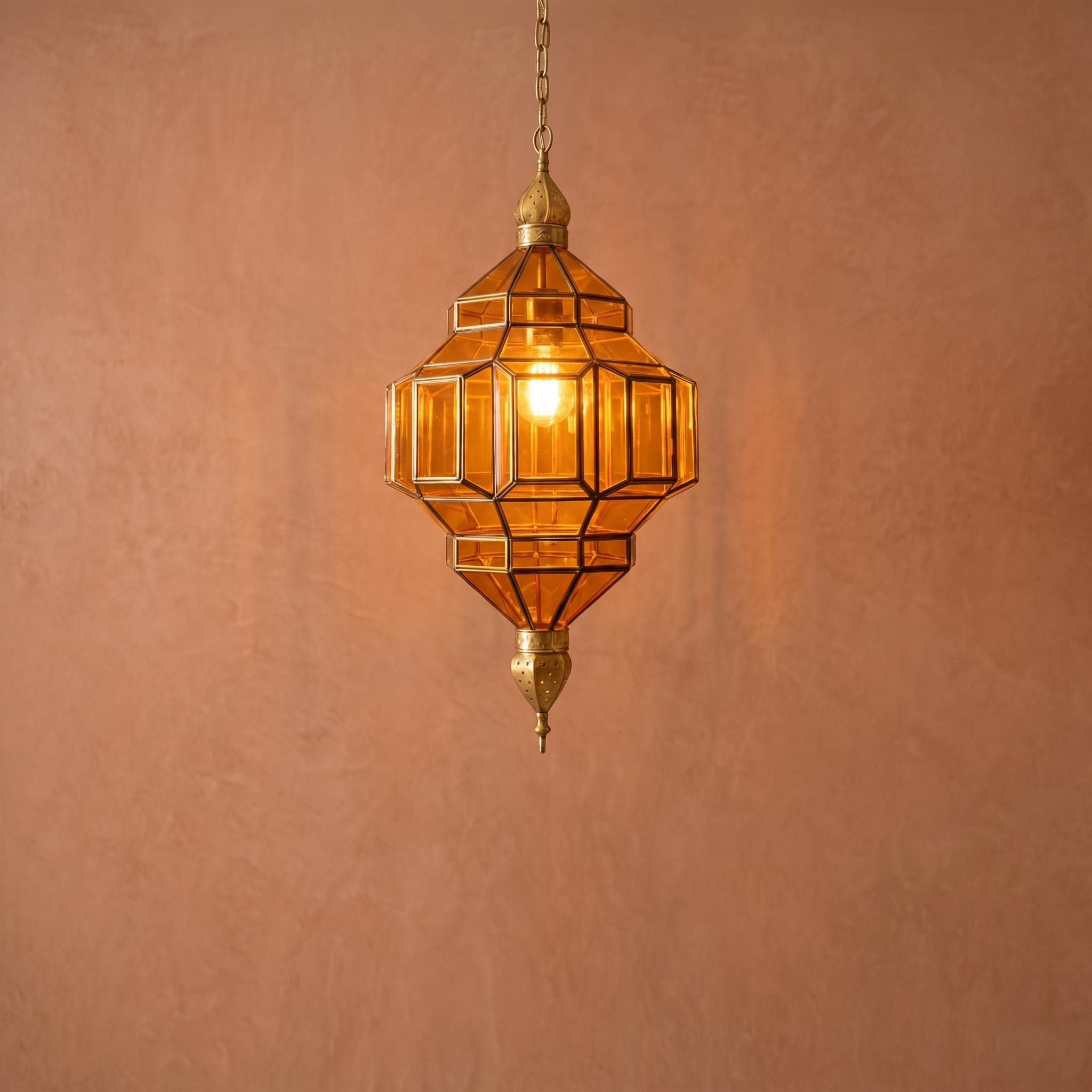 Moroccan Pendant Light Amber Glass Geometric Hanging Lantern Metal Frame
