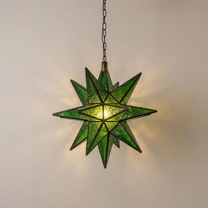 Green Star Pendant Light Geometric Glass Hanging Lantern Metal Frame