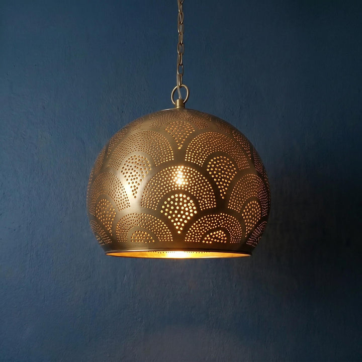 brass globe pendant light perforated patterned hanging chain lamp