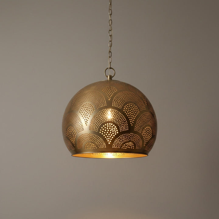 brass globe pendant light perforated patterned hanging chain lamp