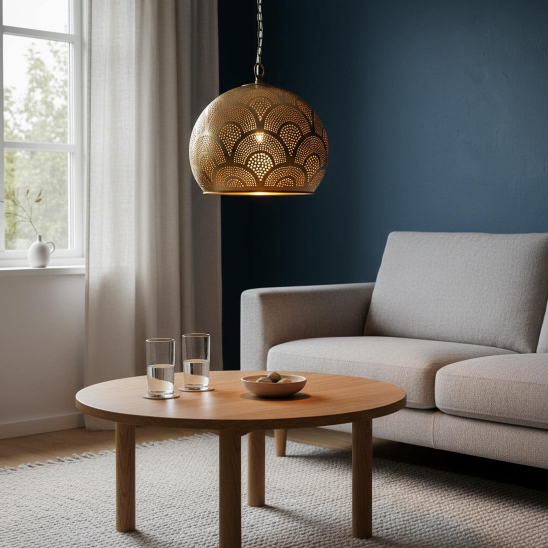 brass globe pendant light perforated patterned hanging chain lamp