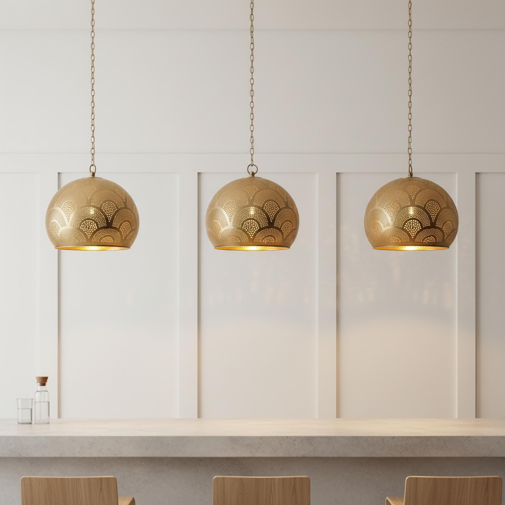 brass globe pendant light perforated patterned hanging chain lamp