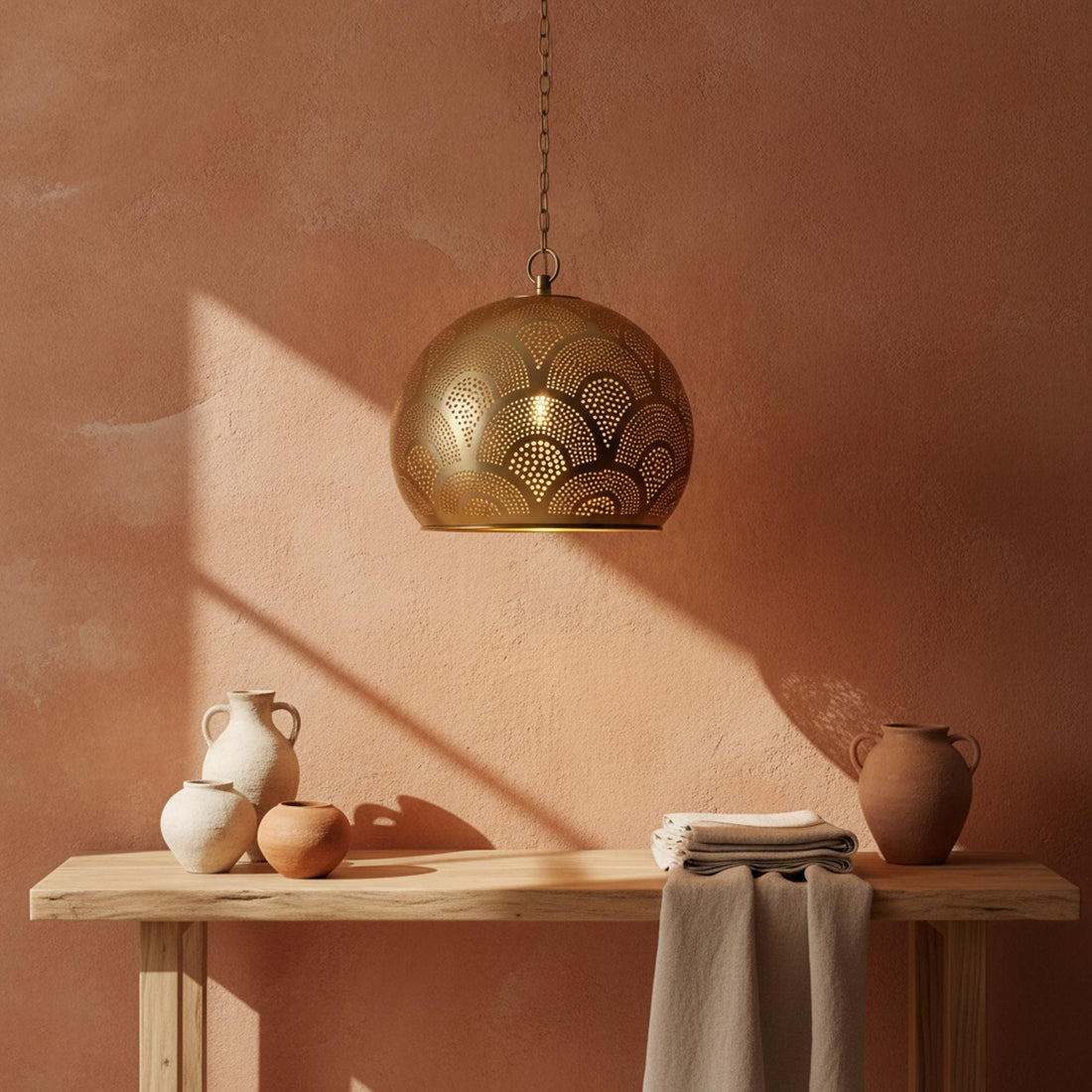 brass globe pendant light perforated patterned hanging chain lamp