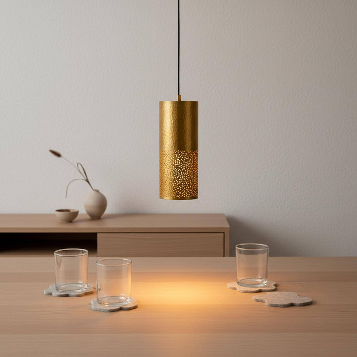 brass cylinder pendant light perforated metal hanging lamp