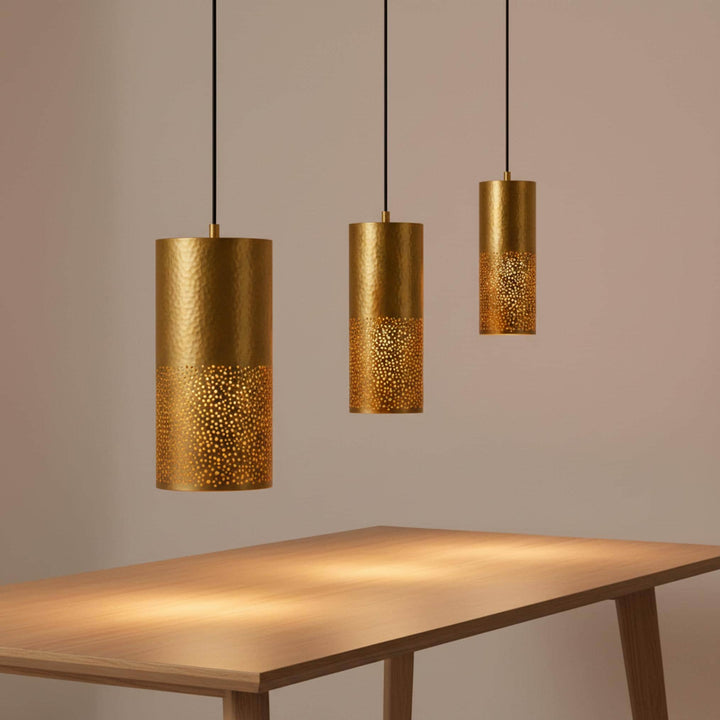 brass cylinder pendant light perforated metal hanging lamp