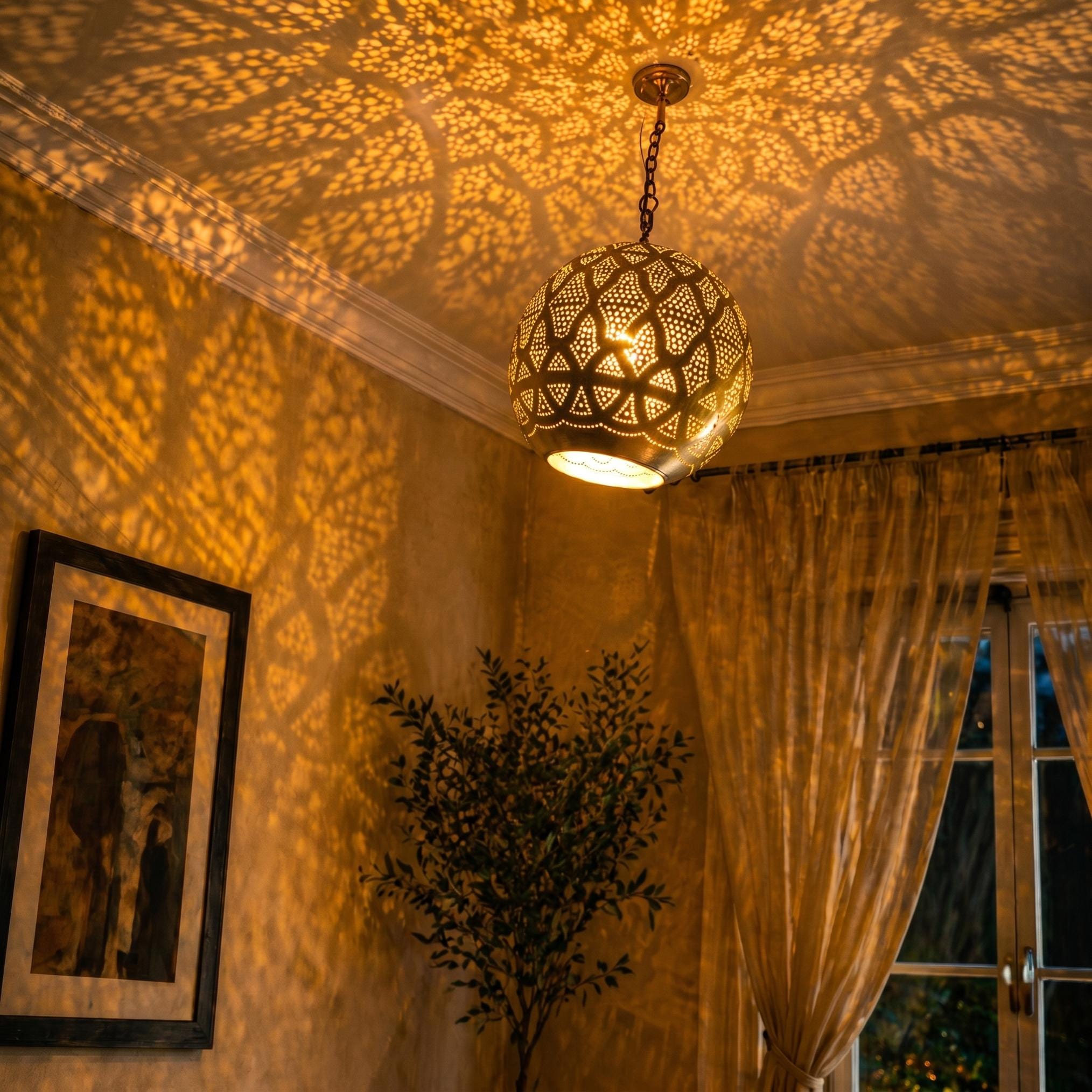 moroccan brass pendant light round perforated hanging chain lamp