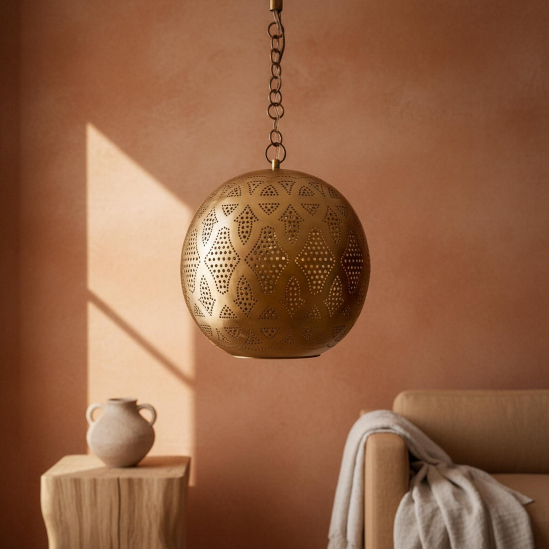 moroccan brass pendant light round perforated hanging chain lamp
