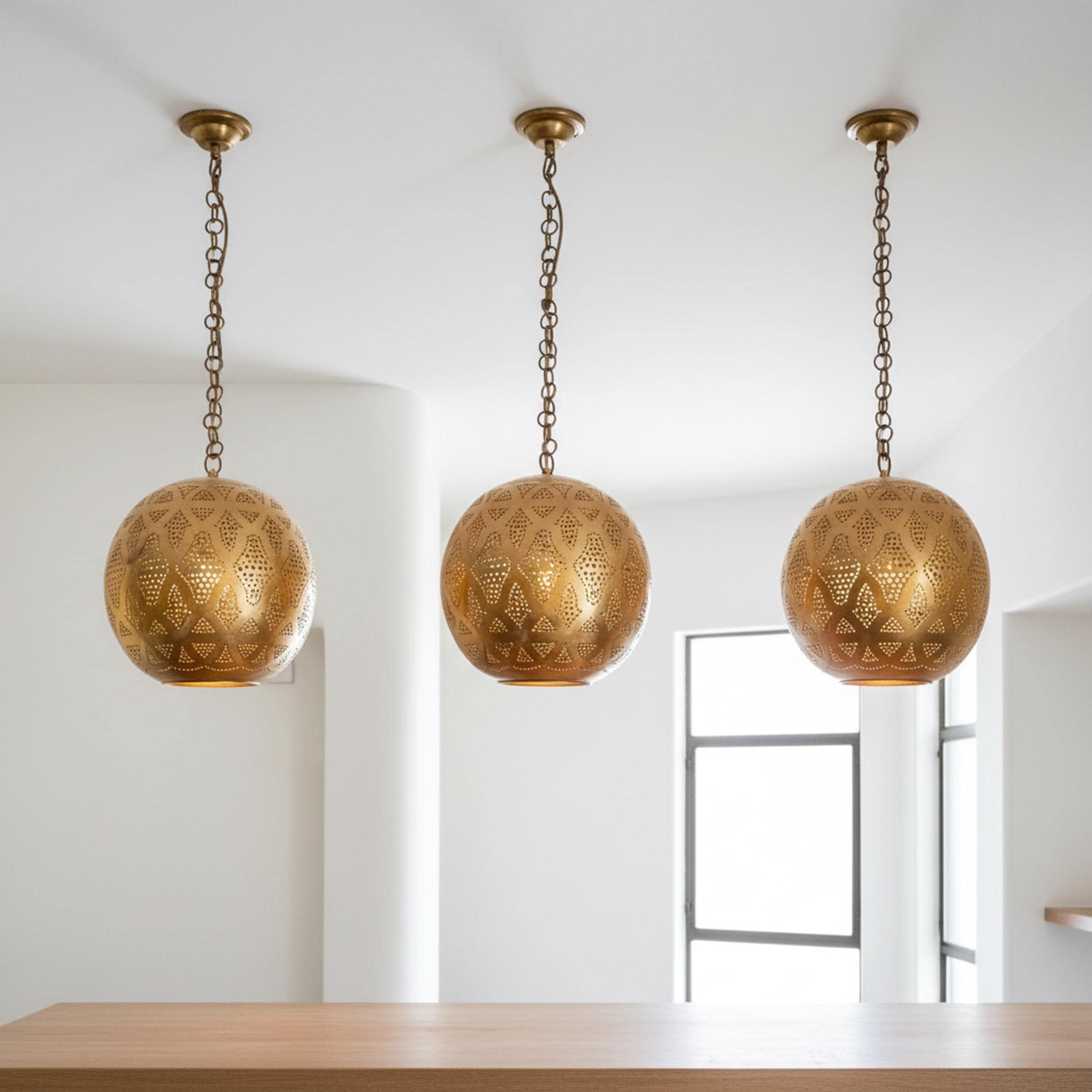 moroccan brass pendant light round perforated hanging chain lamp