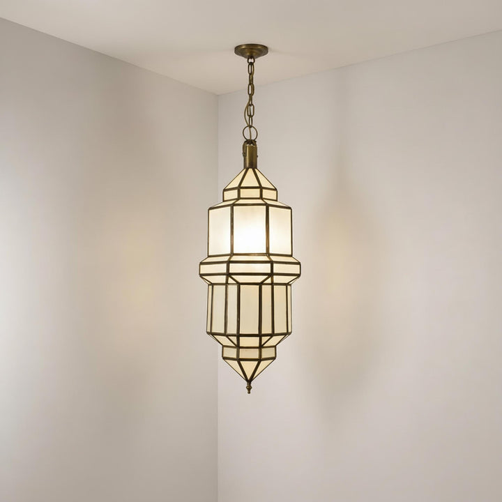 Handmade Moroccan Brass Pendant Light with Milky Glass