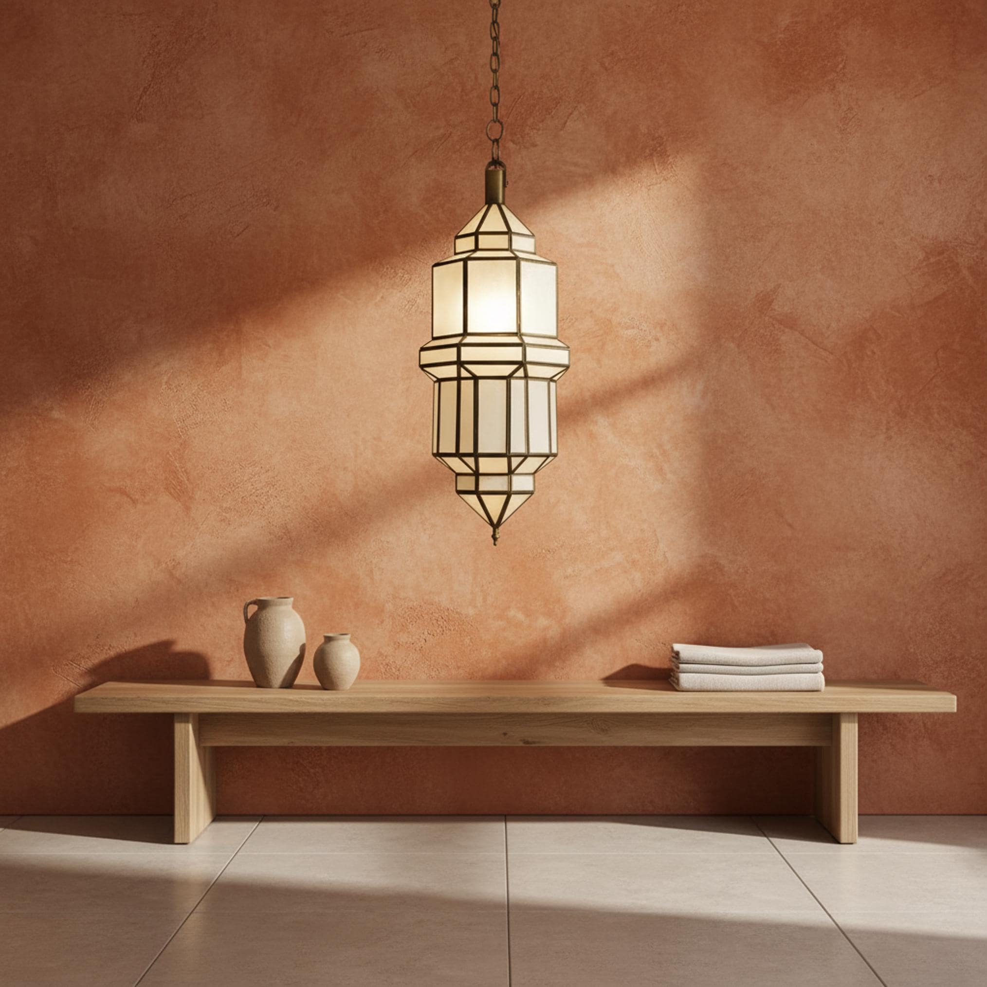 Handmade Moroccan Brass Pendant Light with Milky Glass