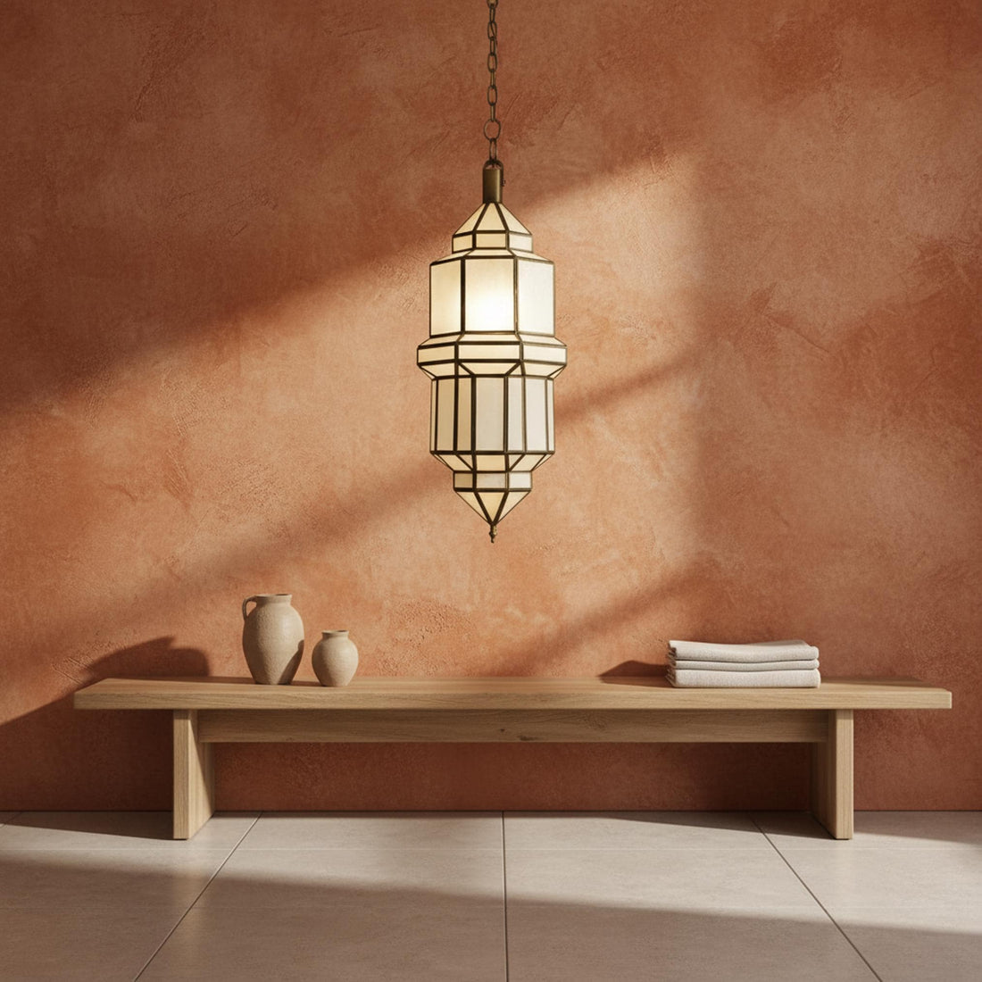 Handmade Moroccan Brass Pendant Light with Milky Glass