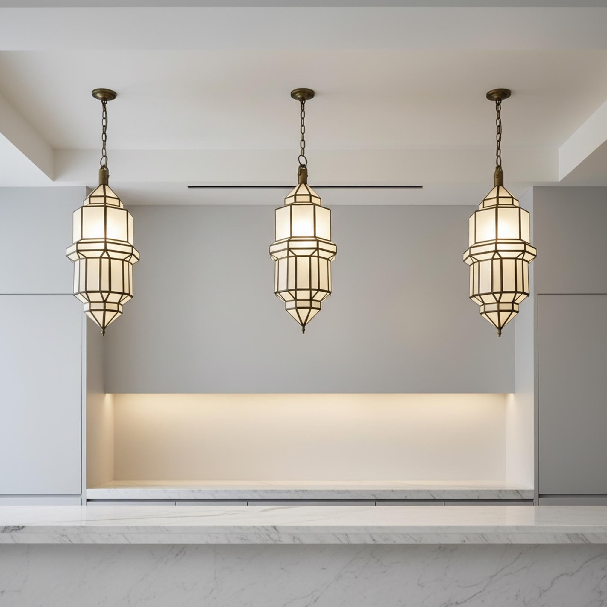 Handmade Moroccan Brass Pendant Light with Milky Glass