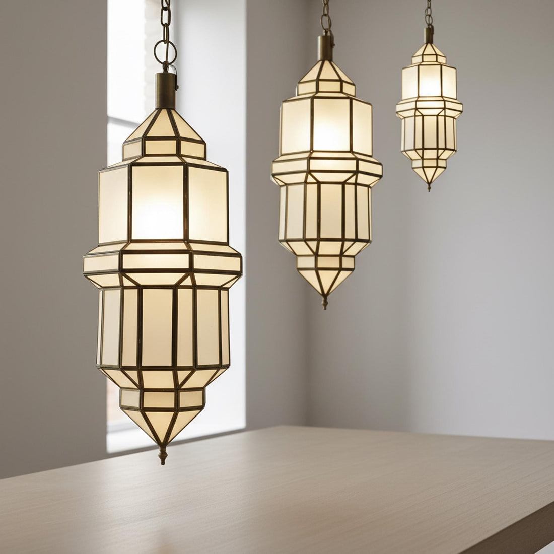 Handmade Moroccan Brass Pendant Light with Milky Glass
