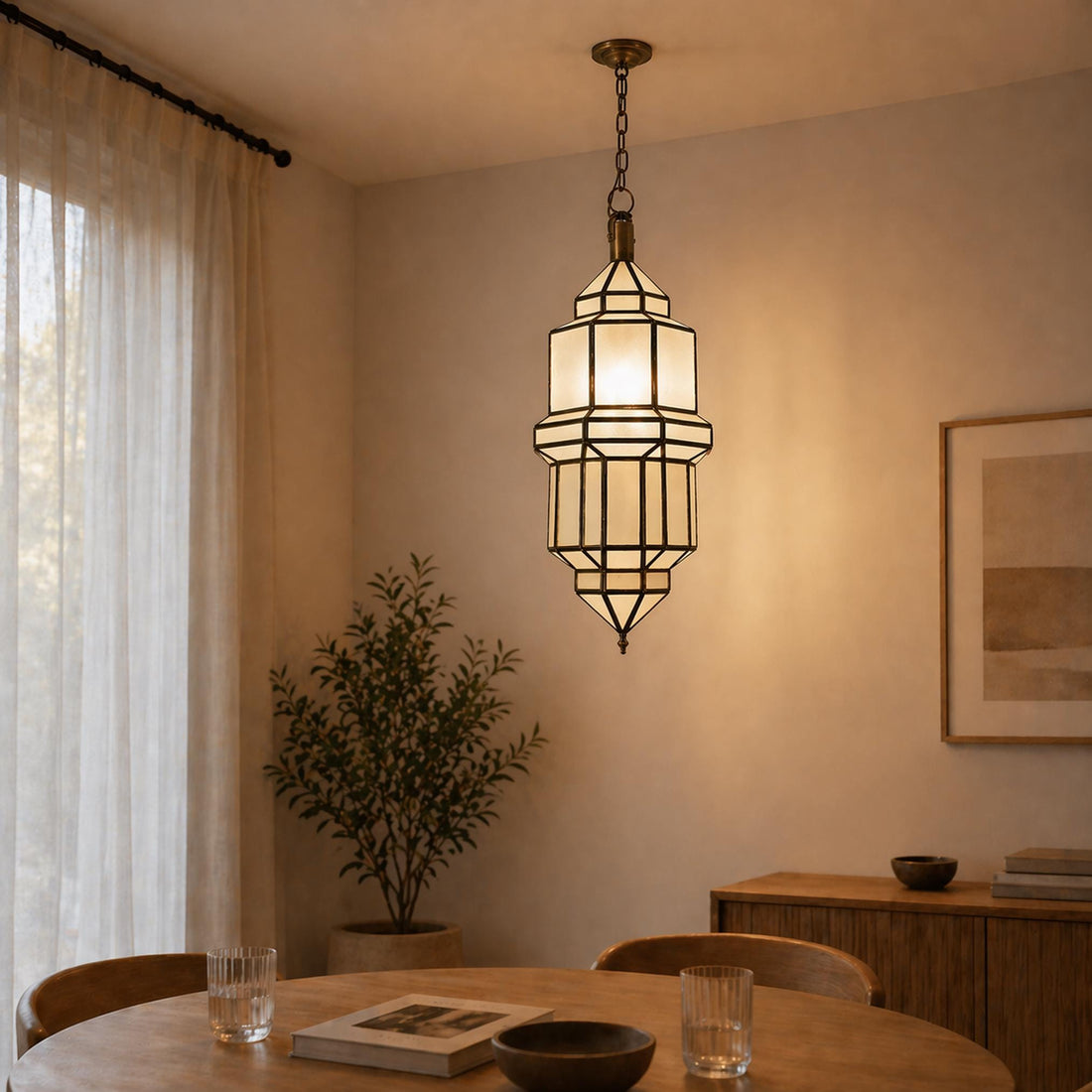 Handmade Moroccan Brass Pendant Light with Milky Glass