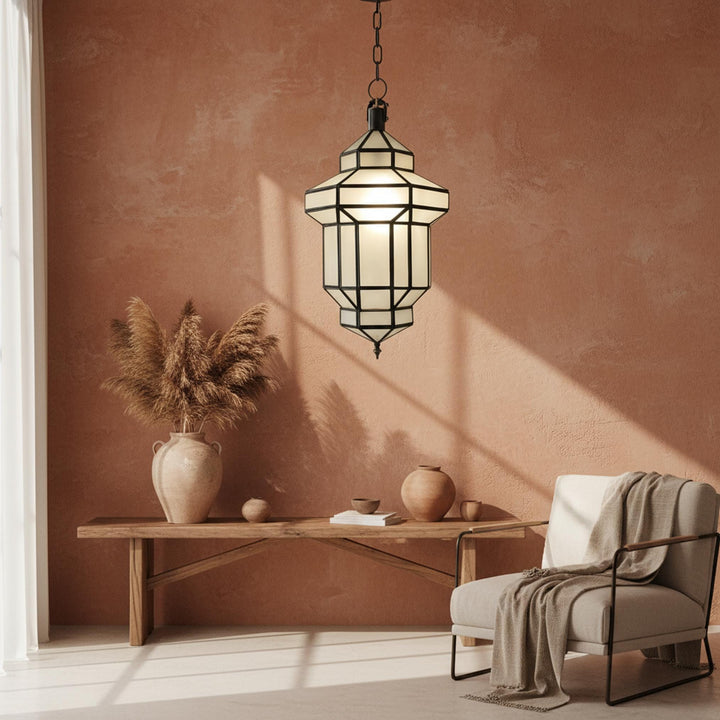 Moroccan pendant light geometric glass black frame hanging ceiling lantern