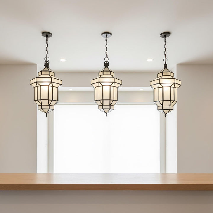 Moroccan pendant light geometric glass black frame hanging ceiling lantern