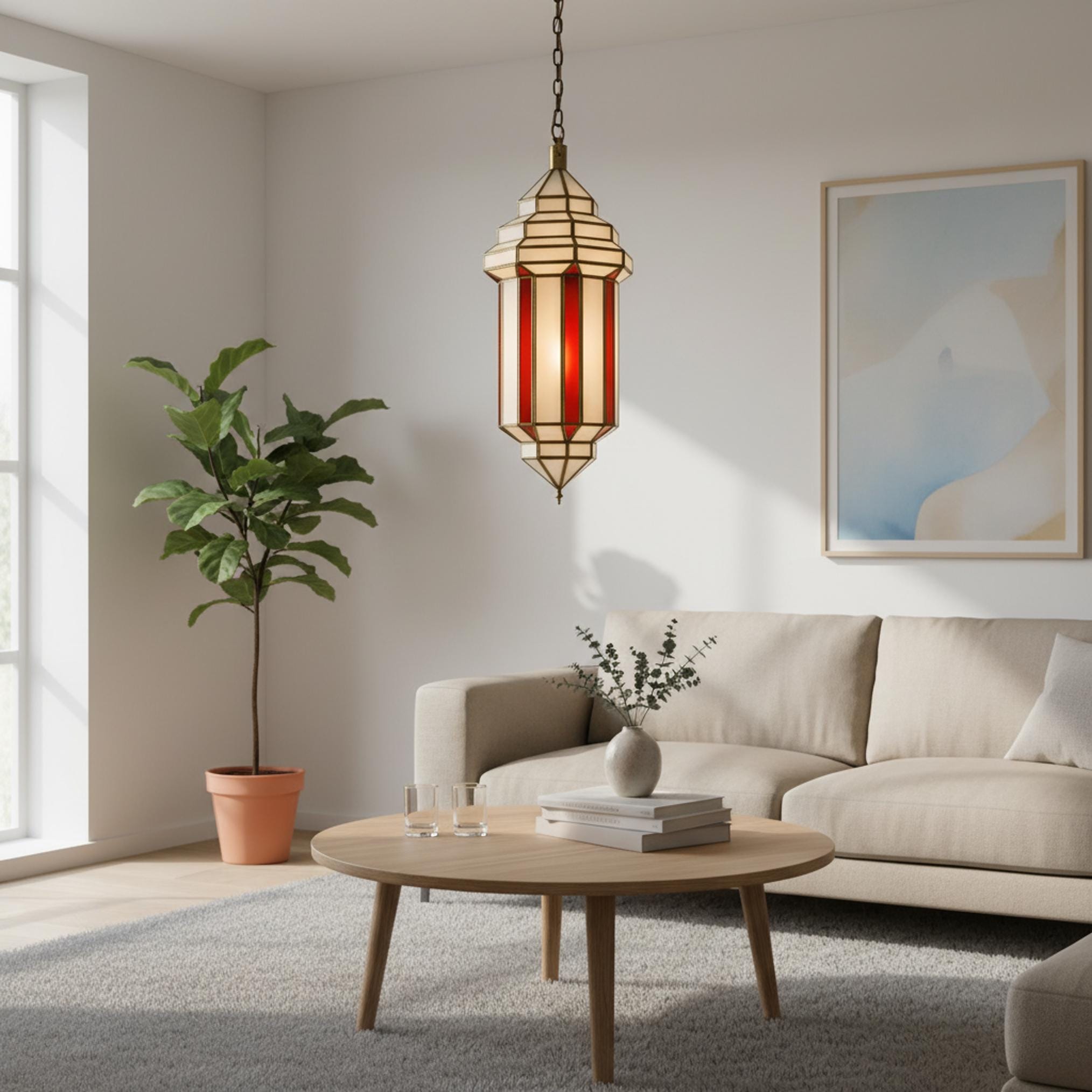 Moroccan pendant light red glass panel hanging ceiling lantern fixture