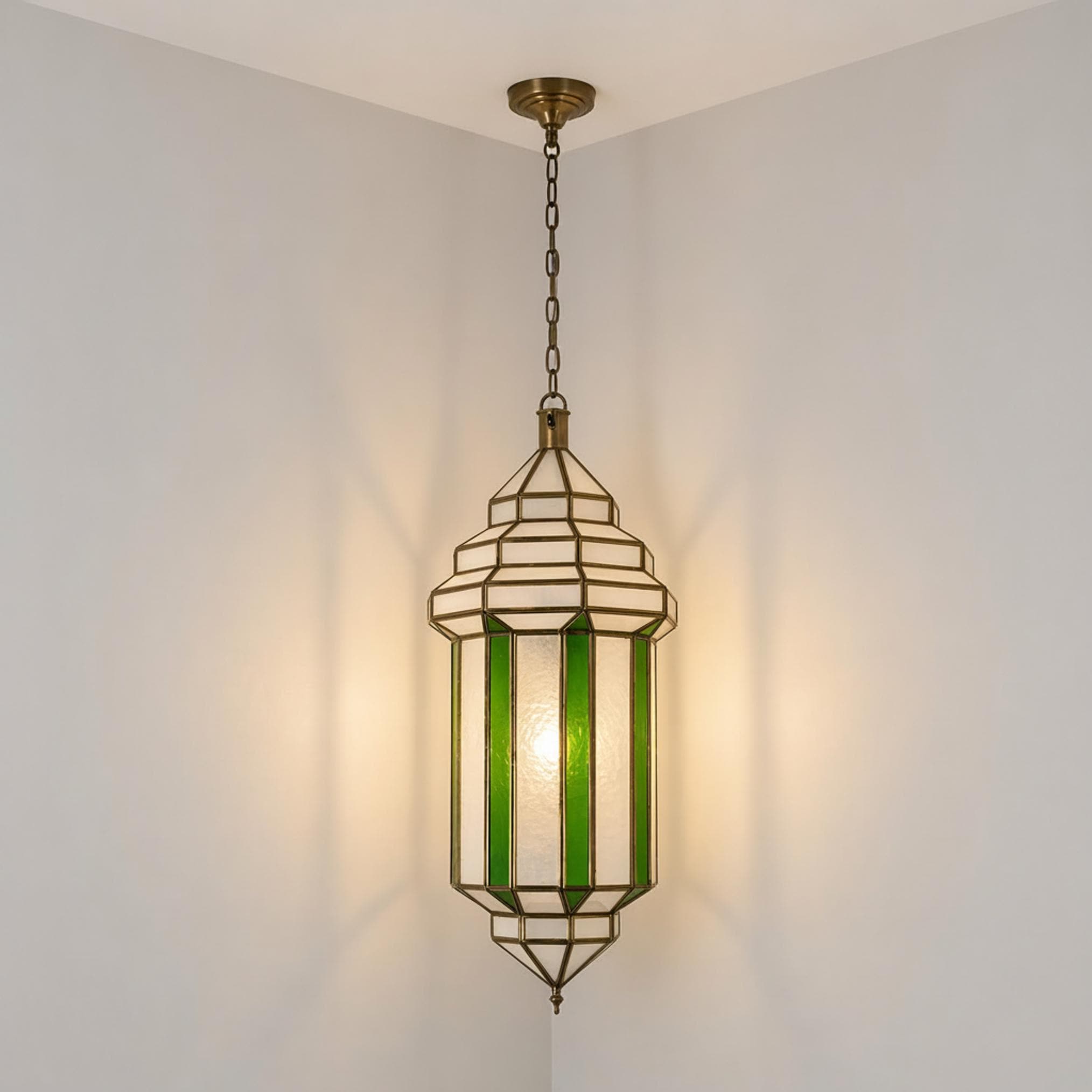 Moroccan pendant light green glass panel hanging ceiling lantern fixture