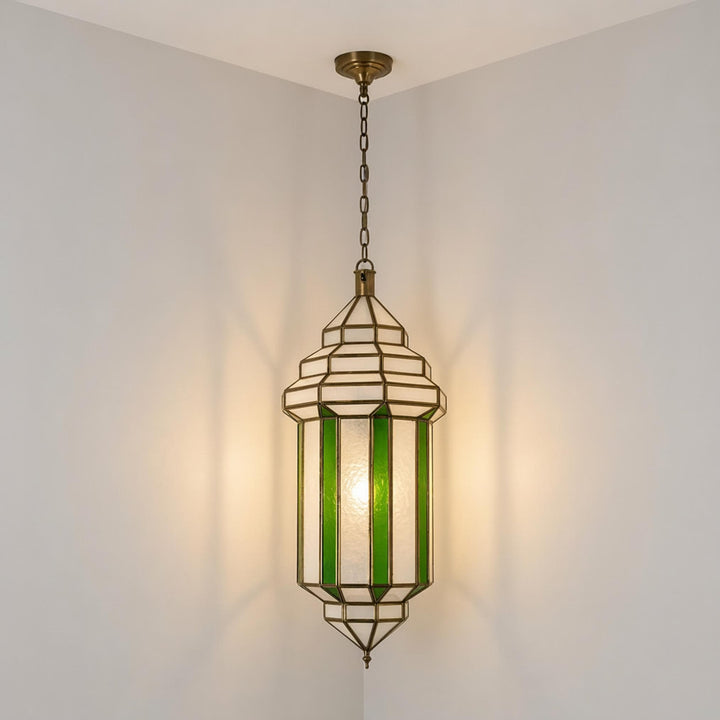 Moroccan pendant light green glass panel hanging ceiling lantern fixture