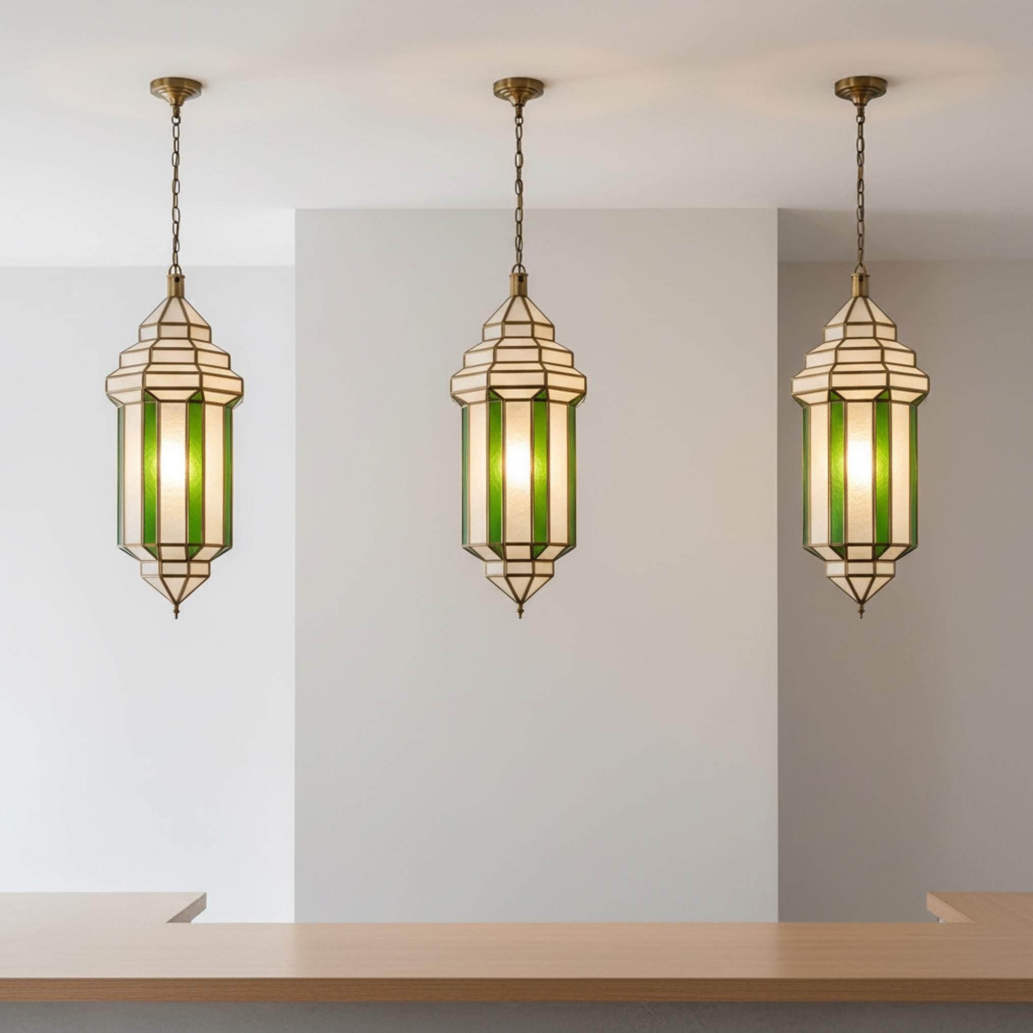 Moroccan pendant light green glass panel hanging ceiling lantern fixture