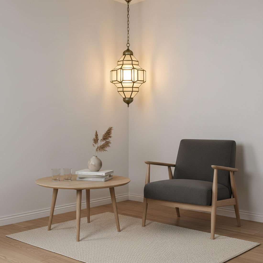 Moroccan pendant light geometric glass brass frame hanging ceiling lantern
