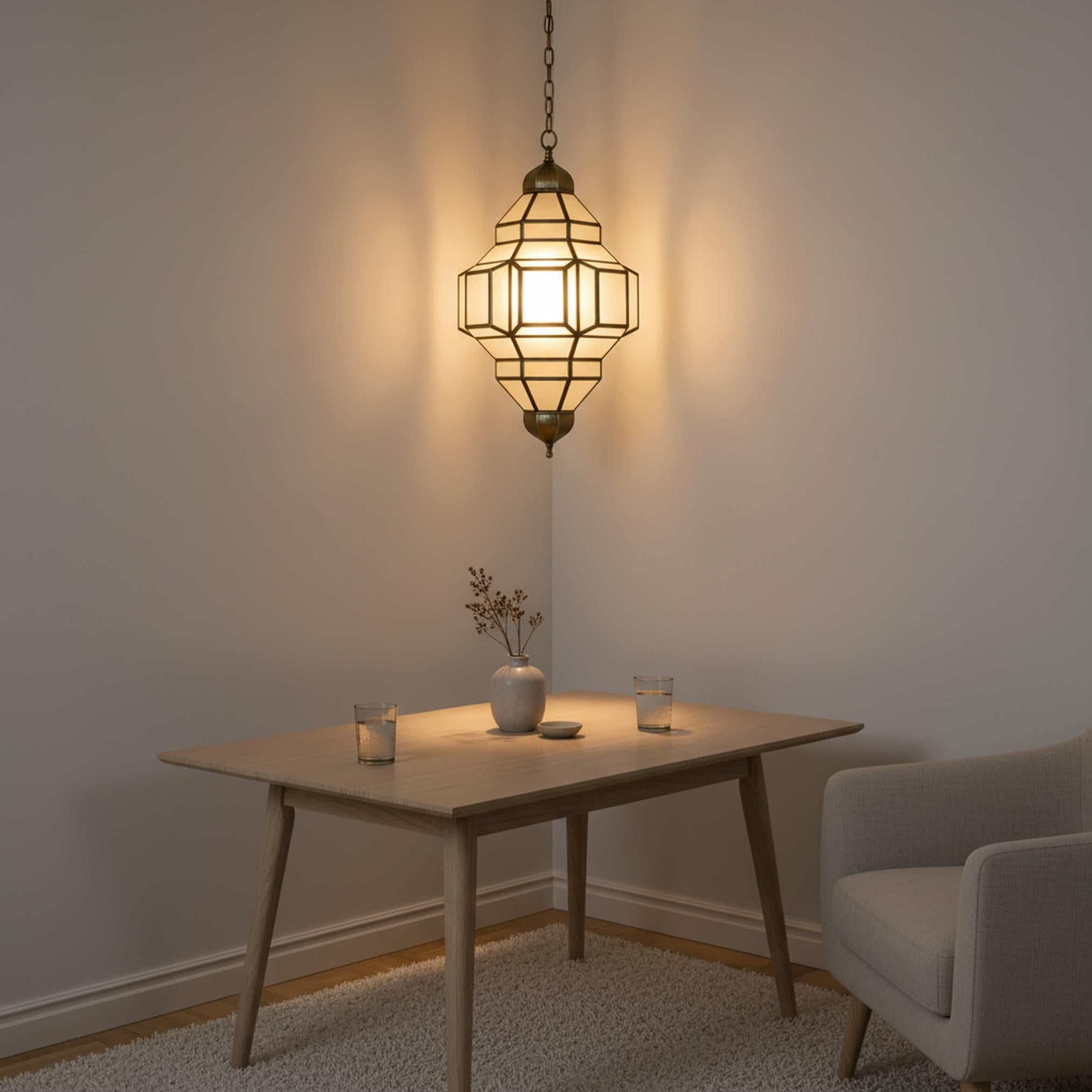 Moroccan pendant light geometric glass brass frame hanging ceiling lantern