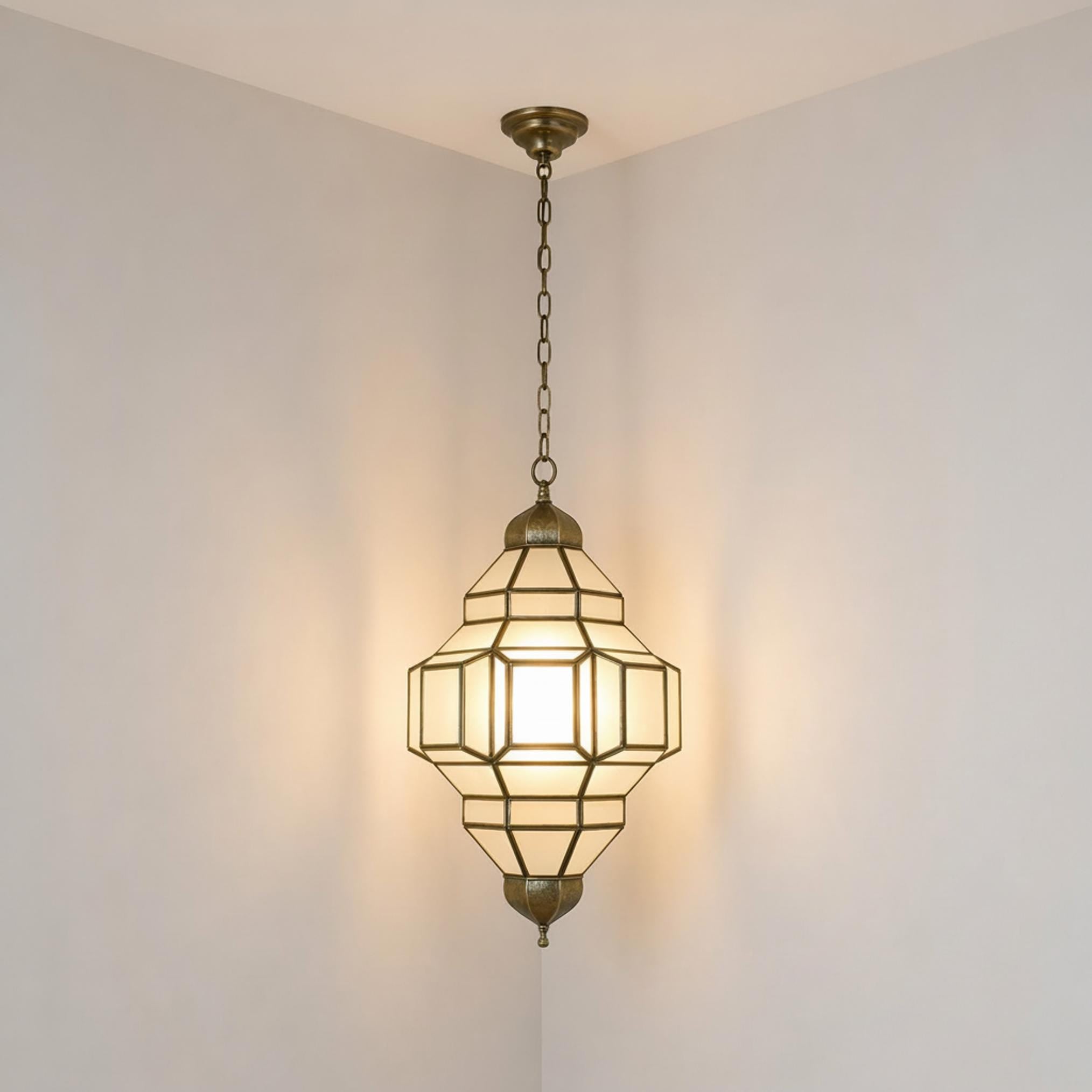 Moroccan pendant light geometric glass brass frame hanging ceiling lantern