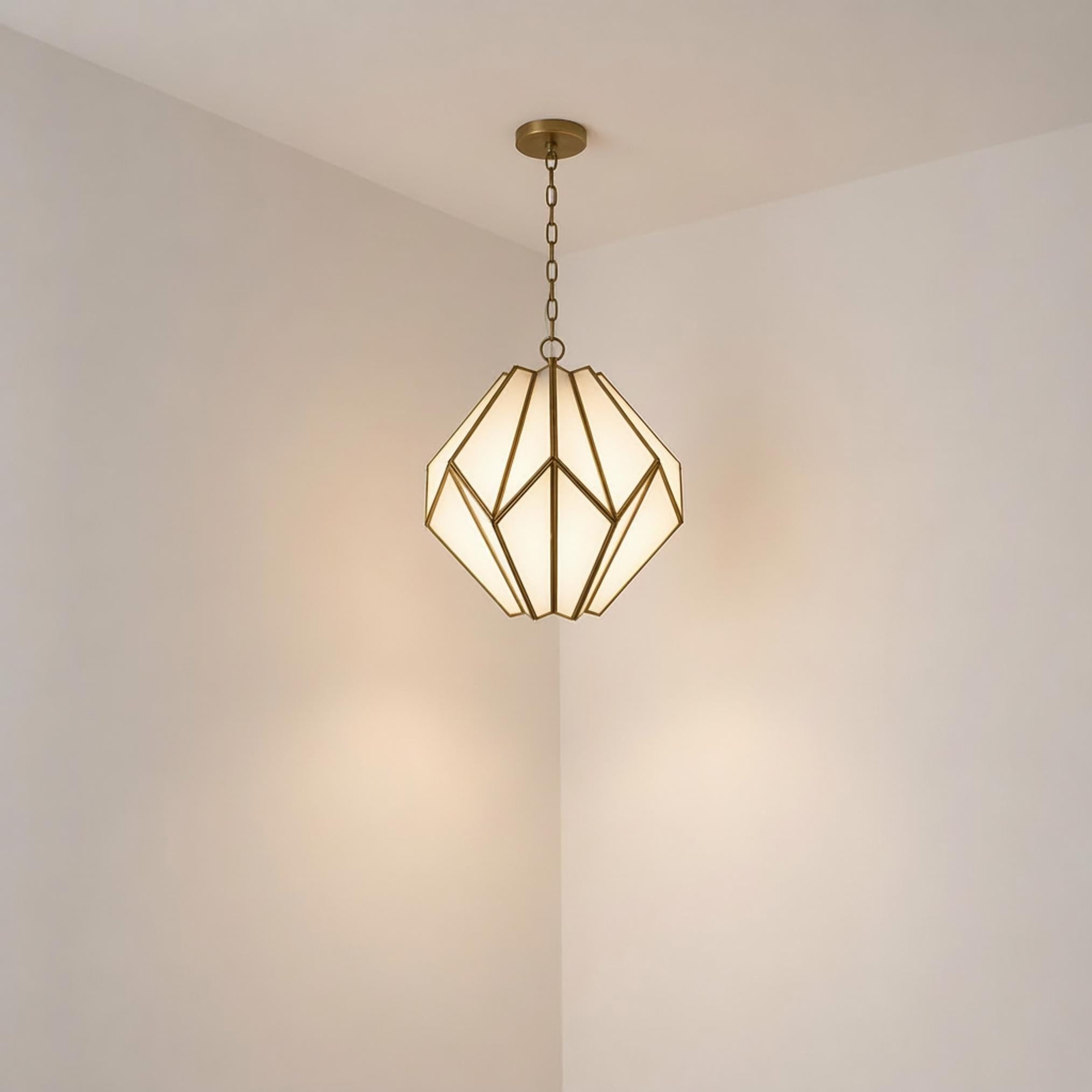 geometric pendant light glass panel brass frame hanging ceiling fixture