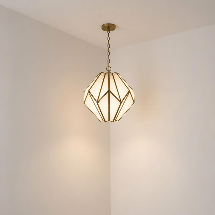 geometric pendant light glass panel brass frame hanging ceiling fixture