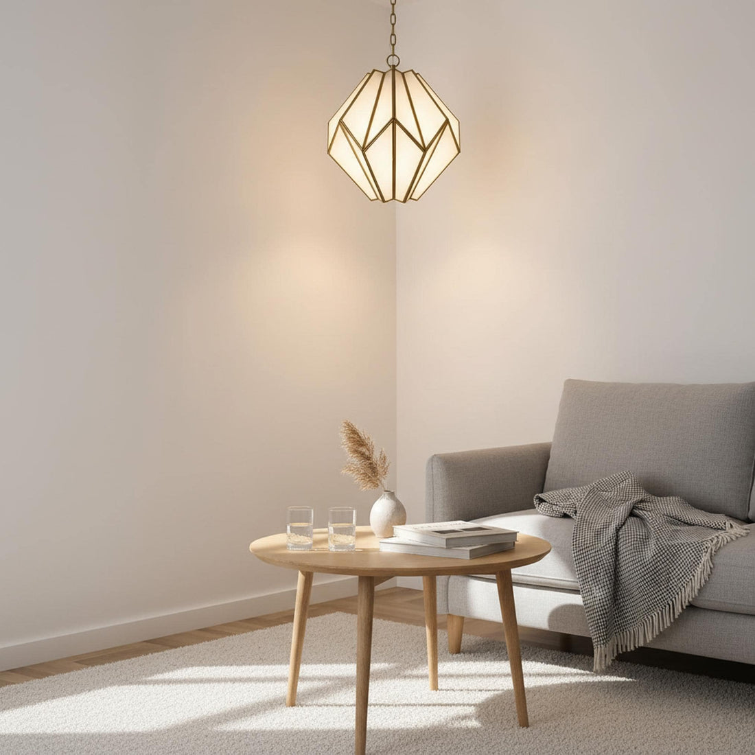 geometric pendant light glass panel brass frame hanging ceiling fixture