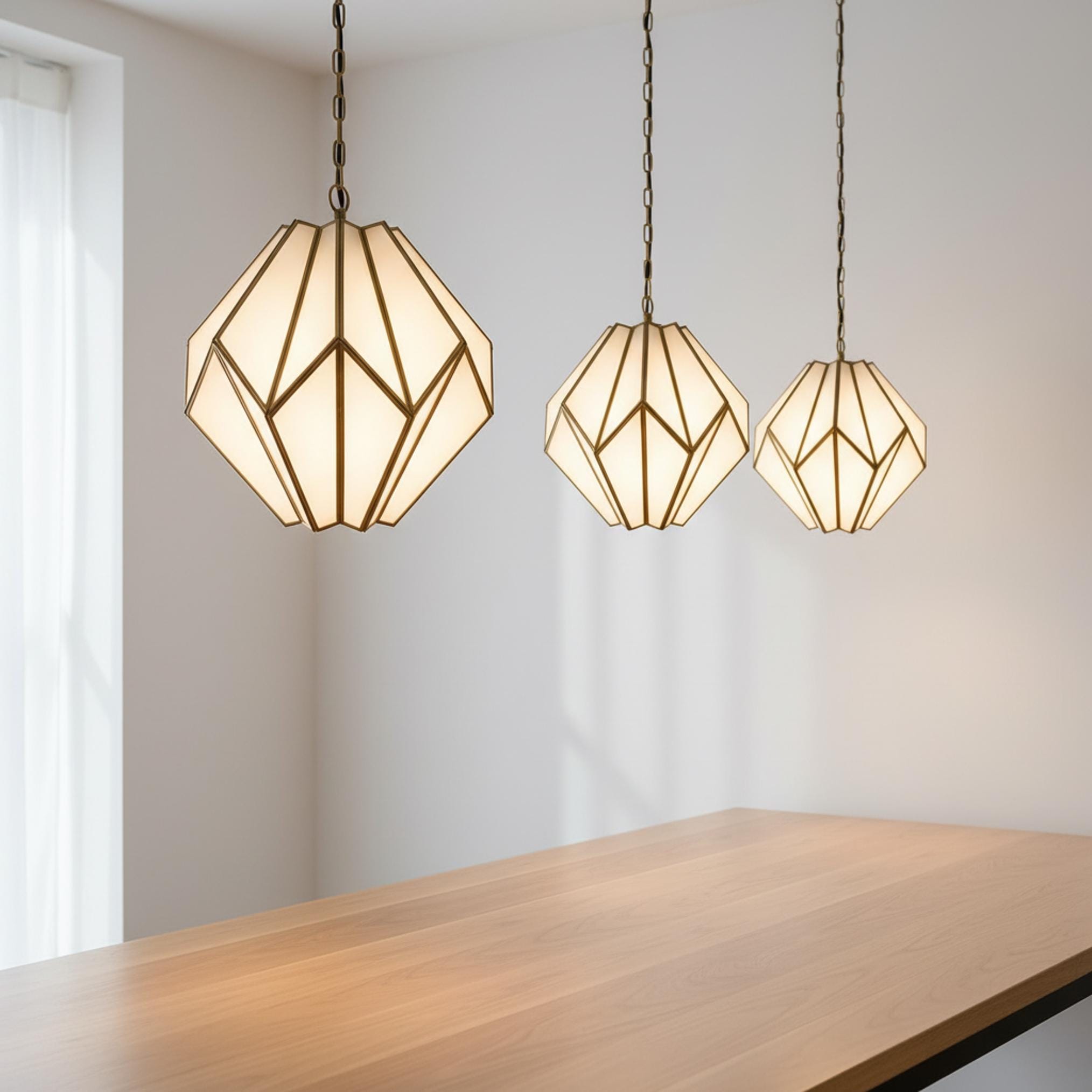 geometric pendant light glass panel brass frame hanging ceiling fixture
