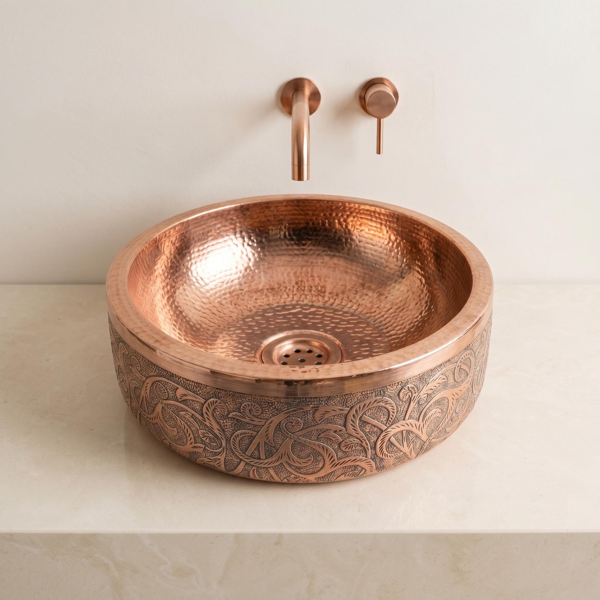 Copper Vessel Sink Engraved Hammered Round Bathroom Basin Handcrafted