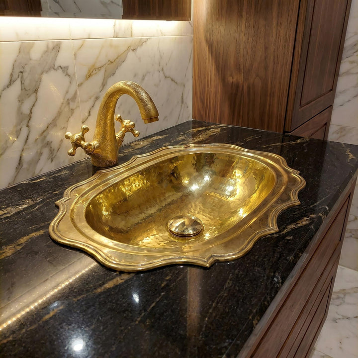 Gold Brass Bathroom Sink – Oval Scalloped Hammered Basin