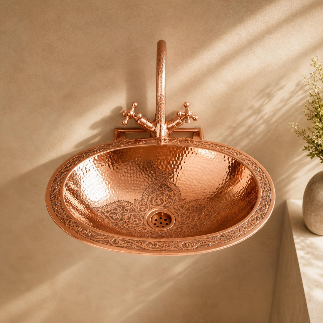 Wall Hung Copper Sink Engraved Oval Hammered Floating Bathroom Basin