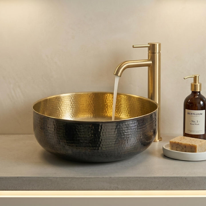 Black Brass Vessel Sink Hammered Two-Tone Round Countertop Basin